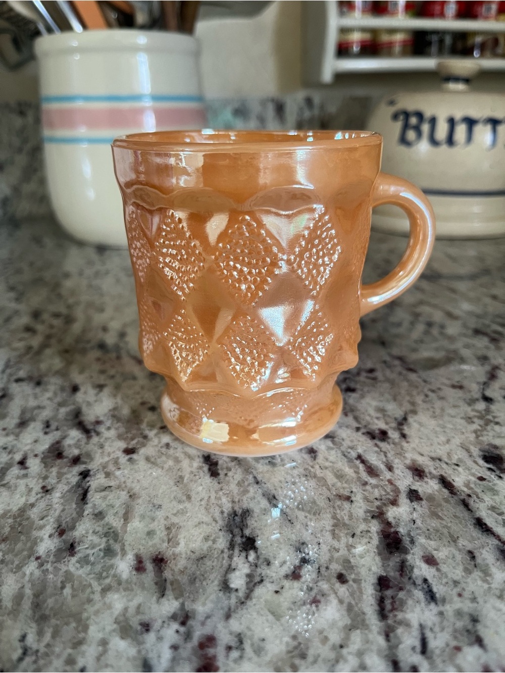 RARE VINTAGE FIREKING HOCKING Textured Peach Coffee Mug